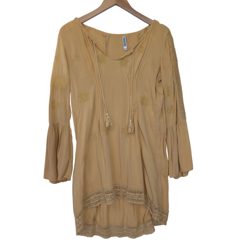 Monoreno Tunic Dress Womens S Yellow Embroidered Tassels Bell Sleeve Boho Beachy